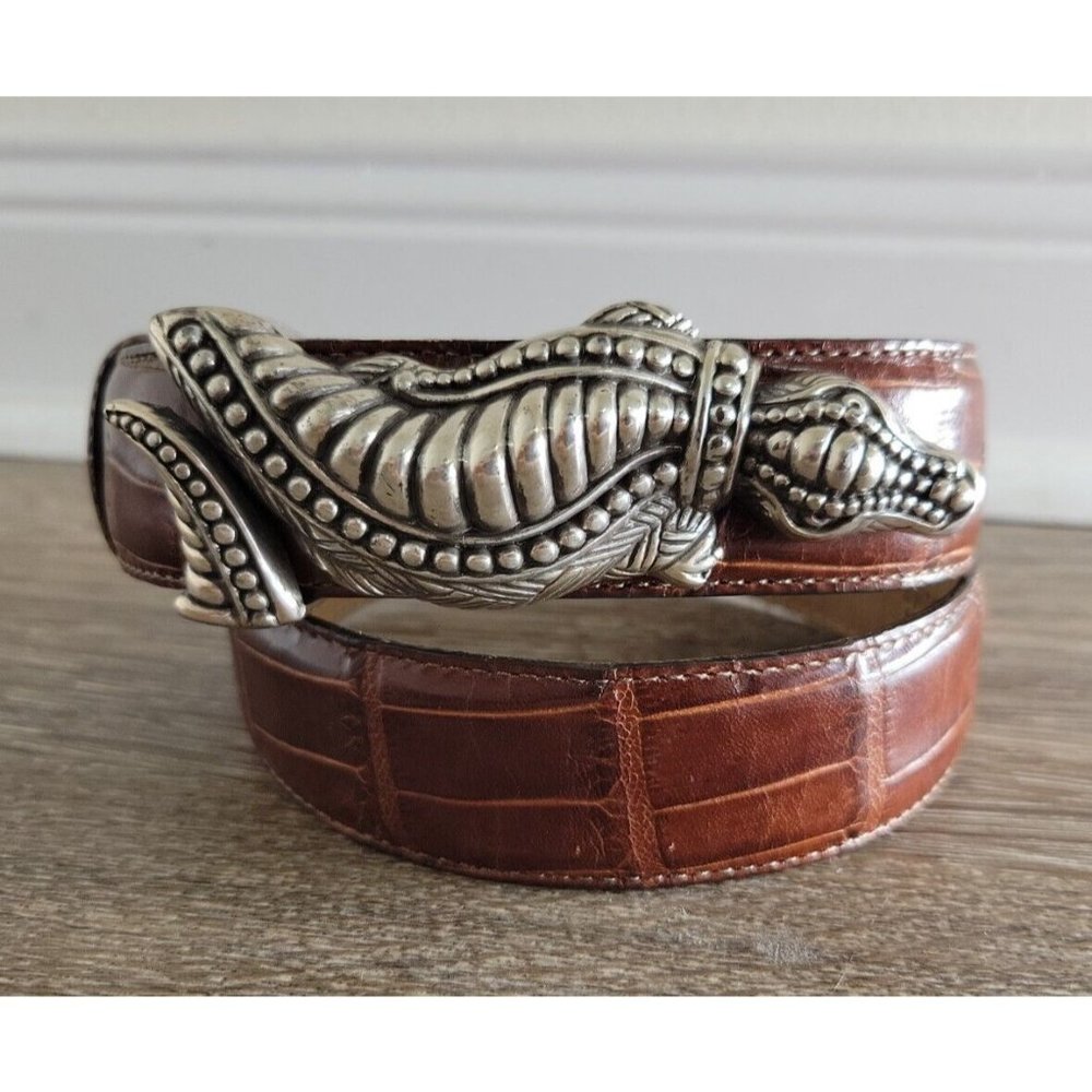 BRIGHTON Vintage S Brown Croc Embossed Leather Belt Silver Gator Buckle 1.25"